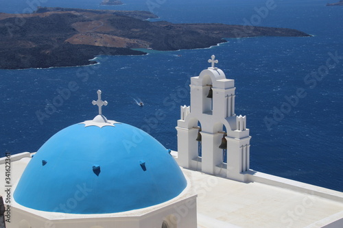 Santorini Blue Dome Three Bells