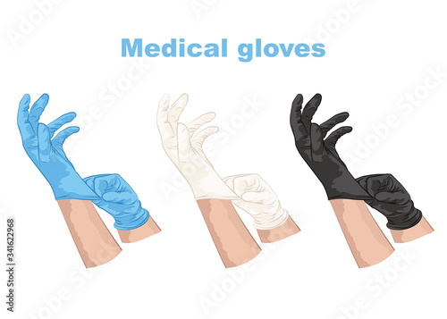 Medical gloves set. Hands in sterile white, blue and black  gloves. Vector illustration.