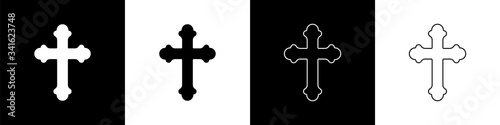 Set Christian cross icon isolated on black and white background. Church cross.  Vector Illustration