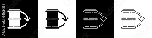 Set Eco fuel barrel icon isolated on black and white background. Eco bio and barrel. Green environment and recycle.  Vector Illustration