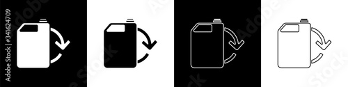 Set Eco fuel canister icon isolated on black and white background. Eco bio and barrel. Green environment and recycle.  Vector Illustration