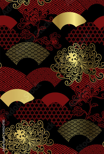 fan traditional geometric kimono seamless pattern vector sketch illustration line art japanese chinese oriental design