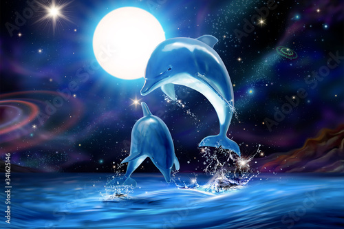 Fényképezés Breaching dolphins over universe