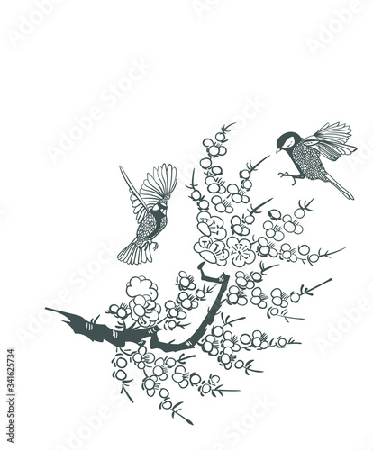 birds card nature landscape view vector sketch illustration japanese chinese oriental line art design