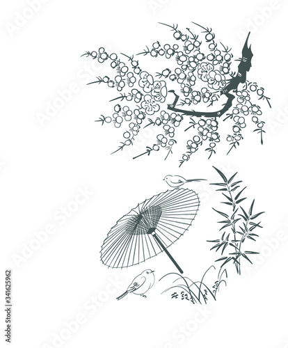 umbrella card nature landscape view vector sketch illustration japanese chinese oriental line art design