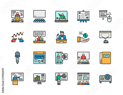 Set of Presentation Flat Color Line Icons. Hall, Microphone, Seminar and more.