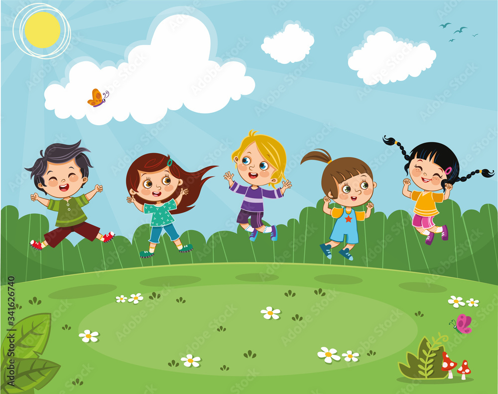 Five kids jumping in joy on a green field. Vector illustration.
