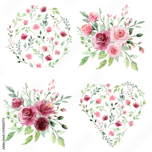 Watercolor floral set with bouquets  flowers. Pink and burgundy roses hand drawing. Isolated on white. Perfectly for print design greeting card, wedding decoration, poster. photo