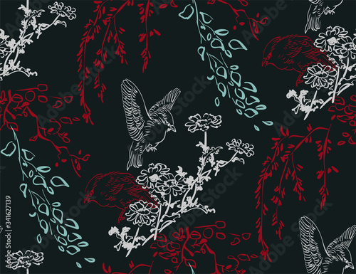 Photography birds japanese chinese design sketch ink paint style seamless pattern