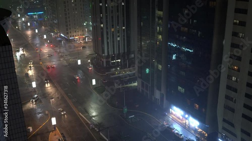 Heavy rain and thunder storm in the city | Abu Dhabi city skyline and downtown | World Trade Center and The Mall