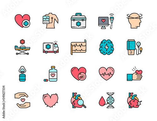 Set of Heart Attack Flat Color Icons. Cardiogram, Dizziness, Heartbeat and more.