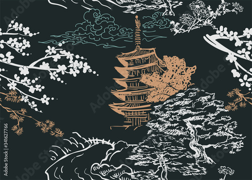 temple japanese chinese design sketch ink paint style seamless pattern