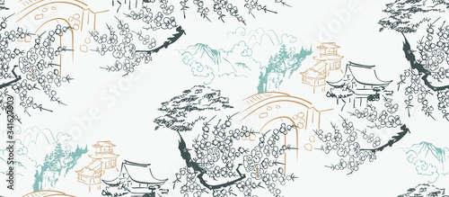 temple japanese chinese design sketch ink paint style seamless pattern