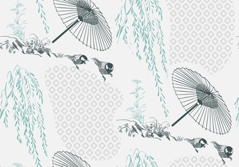 Deken met foto Japanse stijl patronen umbrella sakura japanese chinese design sketch ink paint style seamless pattern  © CharlieNati