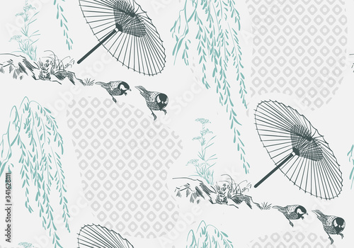 Canvas Print umbrella sakura japanese chinese design sketch ink paint style seamless pattern