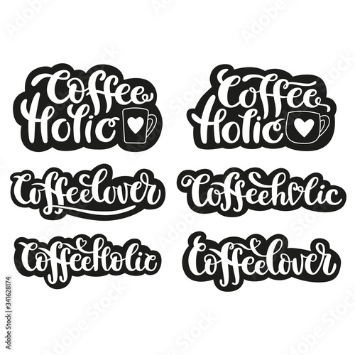 Hand-written lettering sticker set for coffee lover and coffee holic. White brushpen vector calligraphy isolated on black background. Modern typography design for logo, card, poster, web or print.