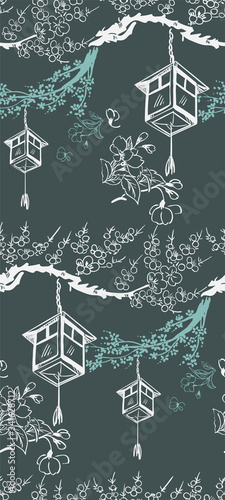 lantern japanese chinese design sketch ink paint style seamless pattern