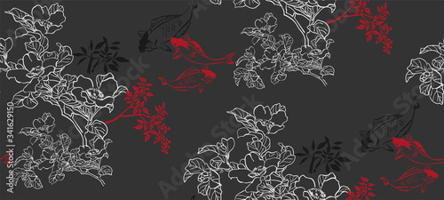 fish koi japanese chinese design sketch ink paint style seamless pattern
