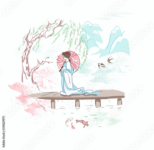 woman umbrella nature landscape view vector sketch illustration japanese chinese oriental line art ink card background