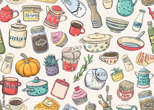 Seamless pattern with cooking utensils, dishes and food