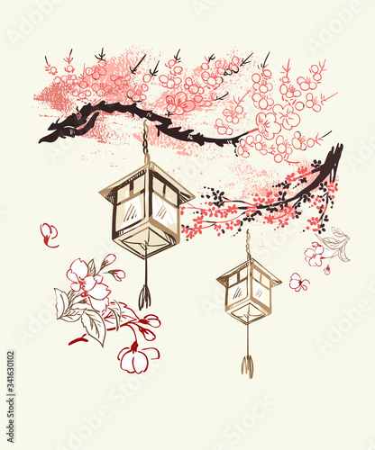 paper lanterns nature landscape view vector sketch illustration japanese chinese oriental line art ink card background