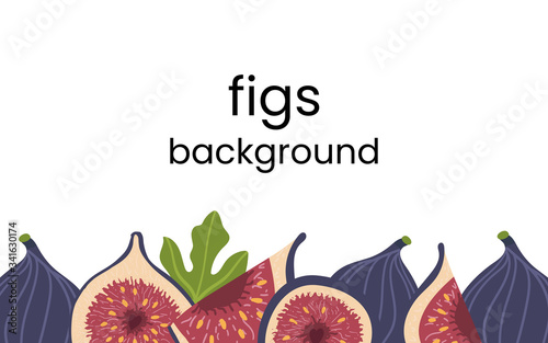 fig fresh tropic fruit banner. Cartoon color vector border, frame for design menus, cookbooks, cards, posters. Isolated illustration on a white background.