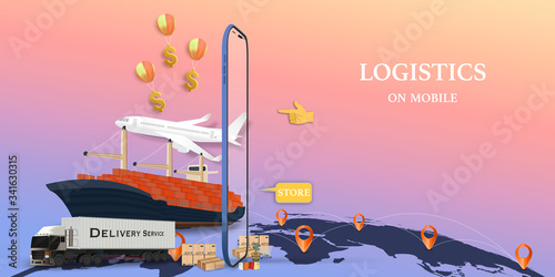 Logistics Online delivery service, online order tracking,Delivery home and office. City logistics. Warehouse, truck, forklift, courier on mobile. vector illustration.