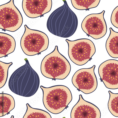 Seamless pattern with figs. Whole fig with half. Summer background. Wallpaper, print, packaging, paper, textile design. flat Vector illustration.