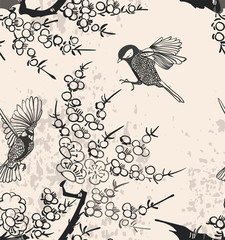 Canvas schilderij Japanse stijl patronen Oosterse vogels op boomtakken inkttekening  © CharlieNati