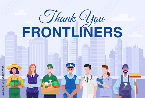 Thank You Frontliners Concept. Various occupations people wearing face masks. Vector