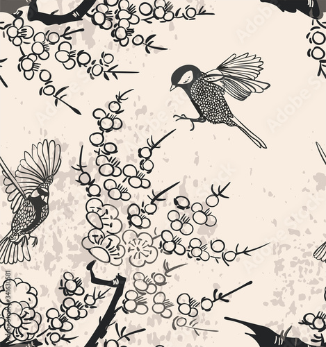 oiseaux arbre branche nature paysage vue vecteur croquis illustration japonais chinois oriental ligne art encre transparente motif