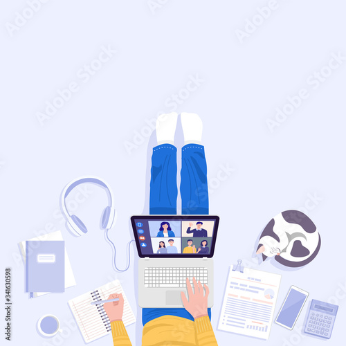 Work from home concept. Top view of young man sitting on floor and using laptop for Video Conferencing at home. Vector