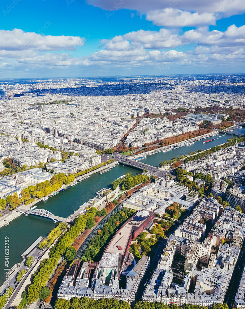 Aerial view of Paris from the Eiffel Tower. Panoramic view of the skyline over Paris. Roof landscape panorama