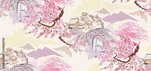 building landscape nature landscape view vector sketch illustration japanese chinese oriental line art ink seamless pattern