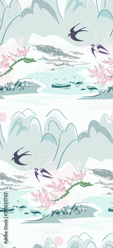 swallow birds nature landscape view vector sketch illustration japanese chinese oriental line art ink seamless pattern