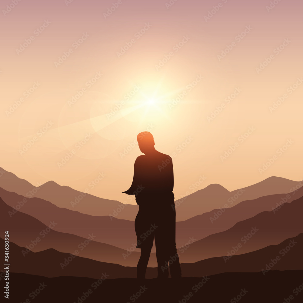 couple in love on mountain landscape at sunshine vector illustration EPS10
