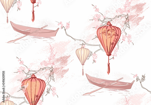 paper lanterns nature landscape view vector sketch illustration japanese chinese oriental line art ink seamless pattern