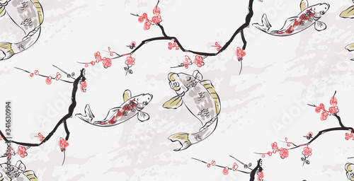 carp koi fish nature landscape view vector sketch illustration japanese chinese oriental line art ink seamless pattern