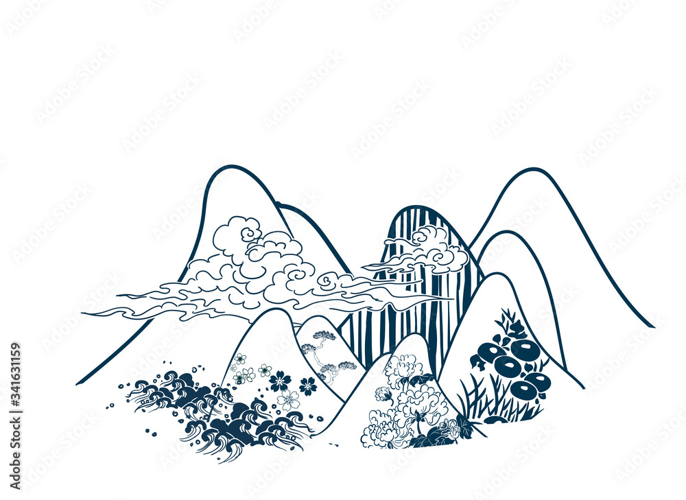 mountains traditional geometric kimono pattern vector sketch ...