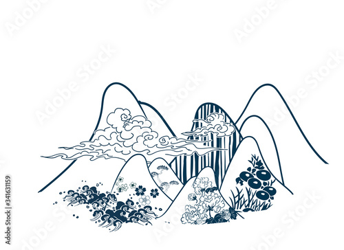 mountains traditional geometric kimono pattern vector sketch illustration line art japanese chinese oriental design
