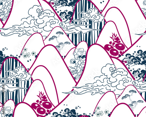 mountains traditional geometric kimono pattern vector sketch illustration line art japanese chinese oriental design seamless
