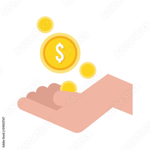 hand with coins money dollars flat style icon