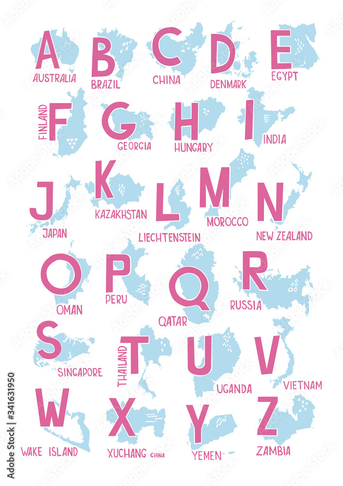 
The alphabet of English letters depicted by maps of countries and the name of the capitals or cities. Each letter of the alphabet corresponds to the first letter of the name of the capital.