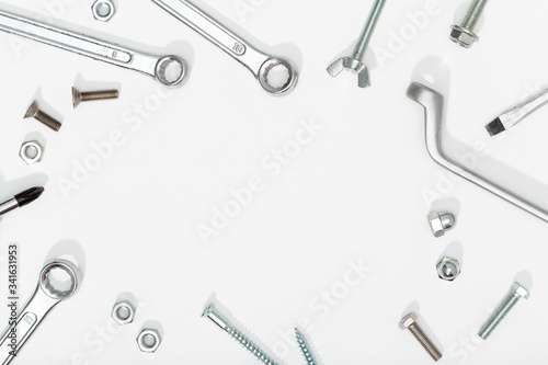Tools on white background. Copy space. Labor day or DIY concept
