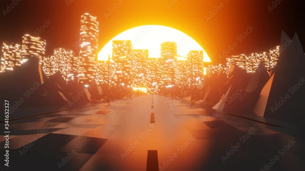 POV of traveling in gorgeous sunset landscape through a big city