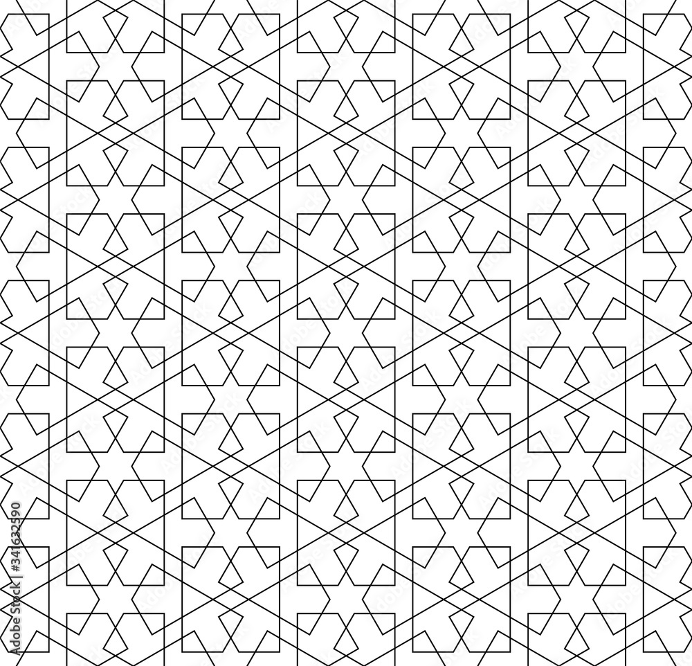 Seamless arabic geometric ornament in black and white.Thin lines. Seamless arabic geometric ornament in black and white.Thin lines.