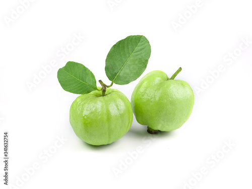 Guava fruit with leaf on white background isolate. Agriculture food. Green fruit