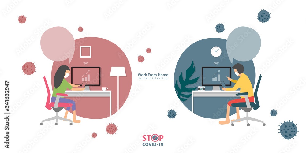 people work from home and make conference via internet during situation of COVID-19 which they should stay at home and practice social distancing to stop the outbreak, smart technology concept.