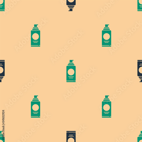 Green and black Spray can for hairspray, deodorant, antiperspirant icon isolated seamless pattern on beige background.  Vector Illustration