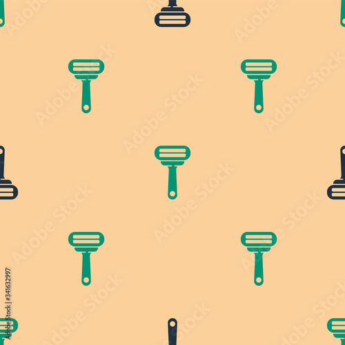 Green and black Shaving razor icon isolated seamless pattern on beige background.  Vector Illustration